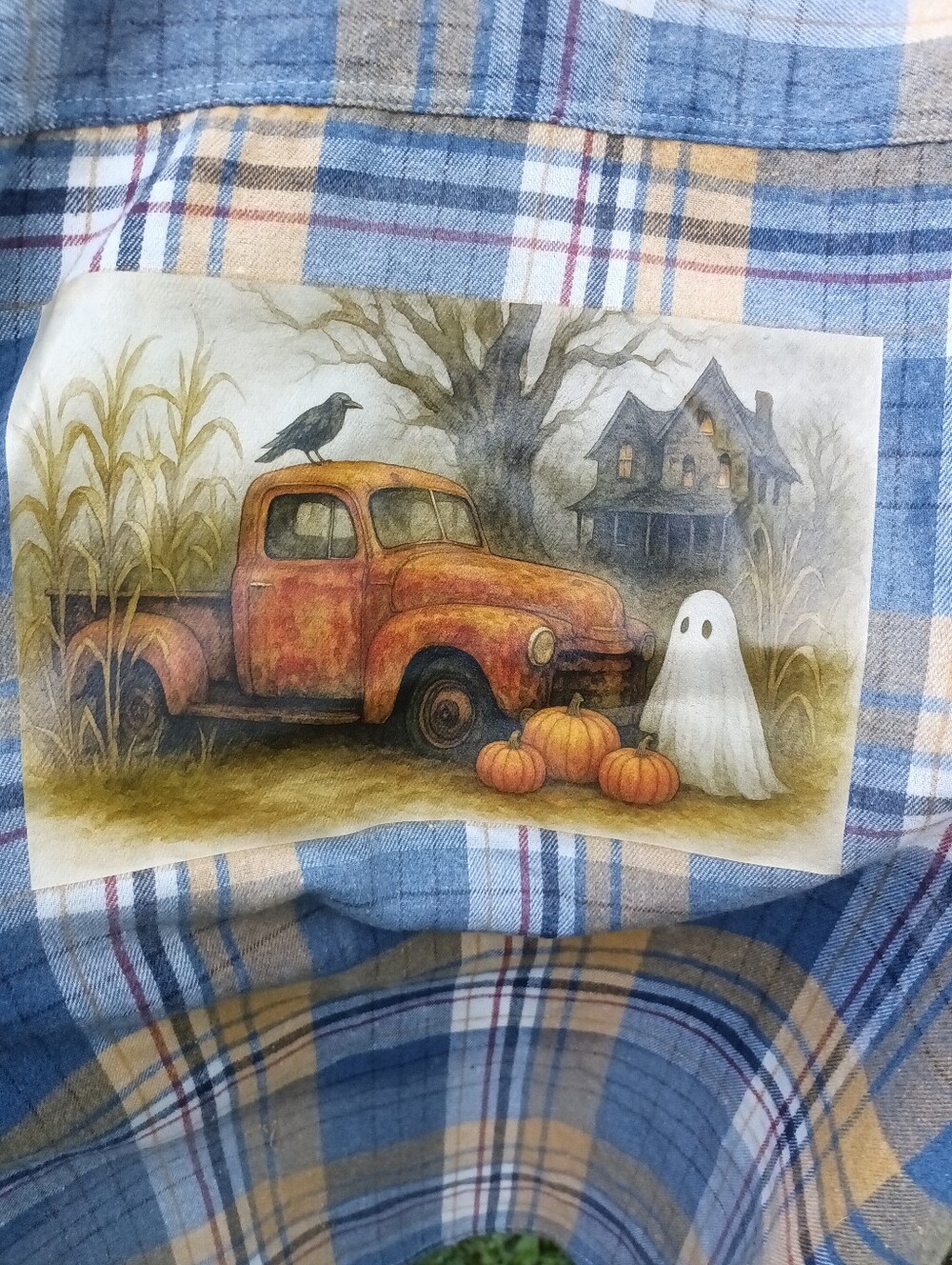 Upcycled Flannel Fall Halloween Ghost Old Truck Primitive Bleached Curated XL